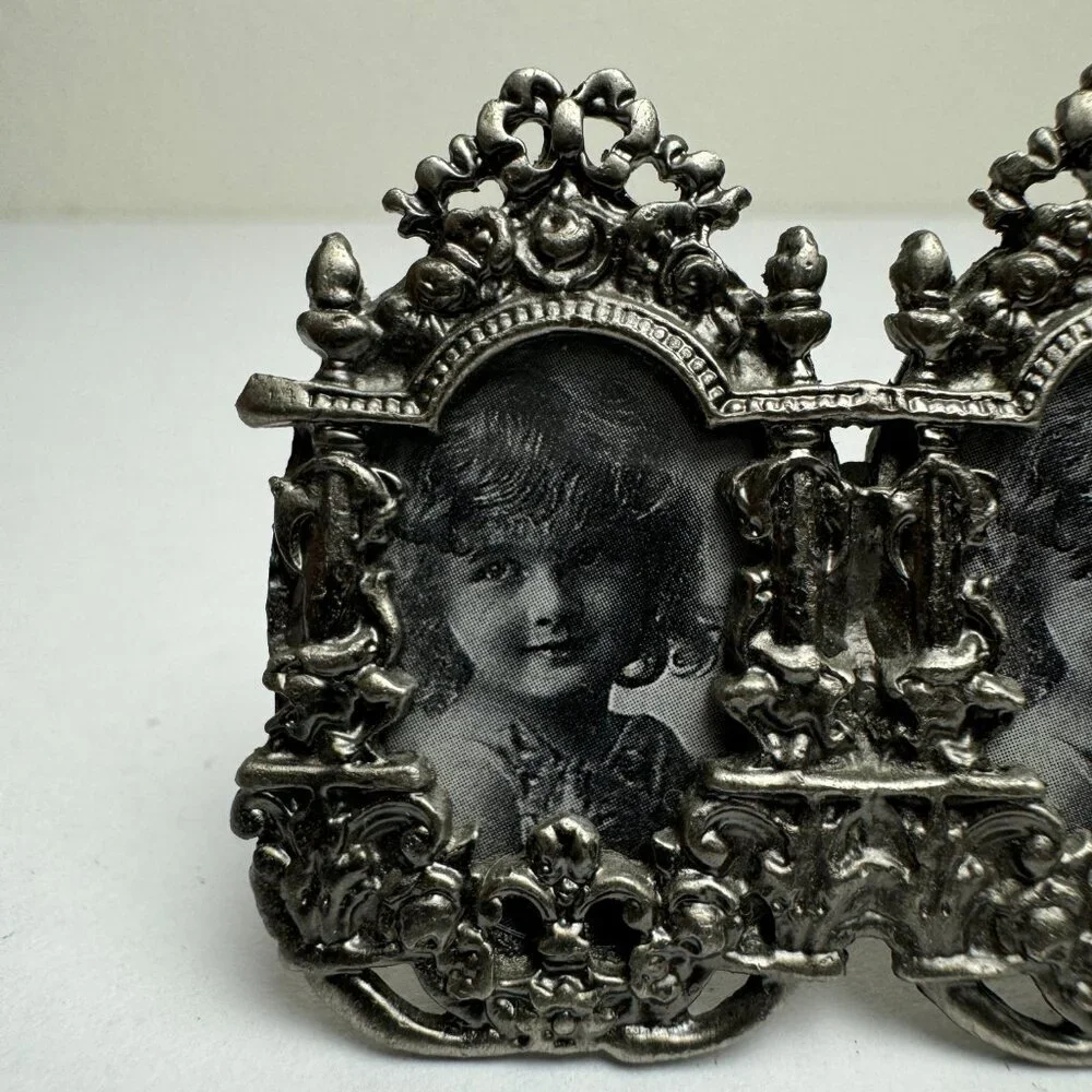 Vintage Art Nouveau Double Miniature Picture Frame Metal Silver Toned Oval